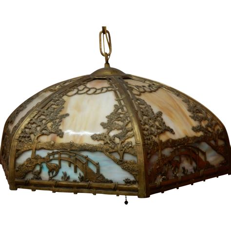 Stunning Slag Glass Chandelier Ceiling Fixture With Filigree Overlay