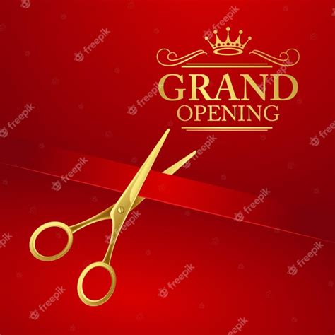 Grand Opening Illustration With Red Ribbon And Gold Scissors Premium