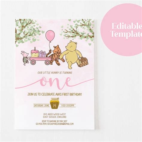 Editable Pink Winnie The Pooh 1st Birthday Invitation Classic Etsy
