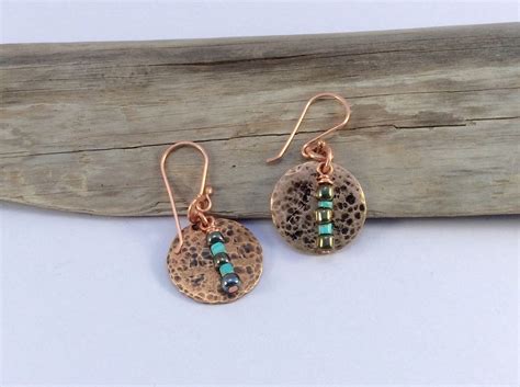 Hammered Copper Earrings Hammered Copper Turquoise Earrings Penny
