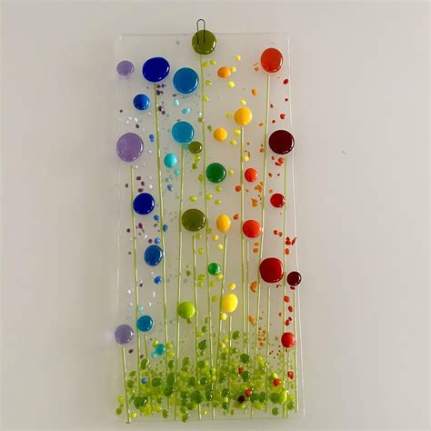 Fused Glass Suncatcher Wall Hanging With Rainbow Flowers Etsy Fused Glass Artwork Fused
