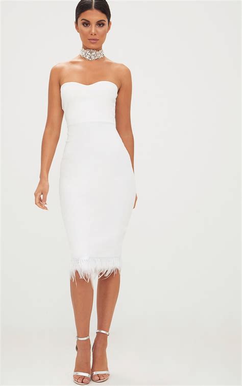 White Bandeau Feather Hem Midi Dress Prettylittlething Ca