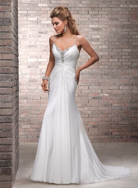 Simple A Line Spaghetti Strap Ruched Chiffon Beaded Wedding Dress Low Back
