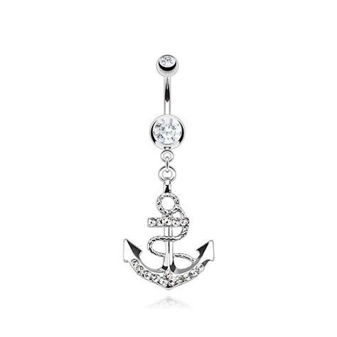 Nautical Anchor Gemmed Belly Ring 316L Surgical Steel 14g Dangle Navel