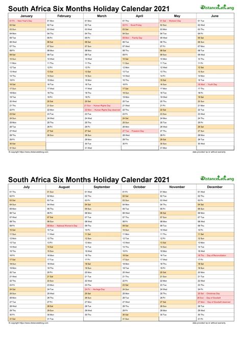 Calendar Vertical Month Holiday South Africa 2 Page 2021