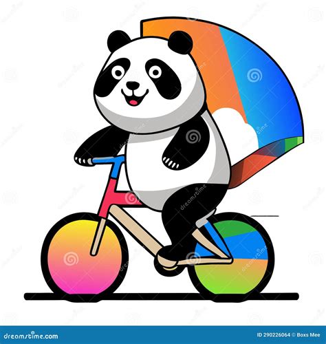 Panda Riding A Bicycle With A Colorful Umbrella Vector Illustration