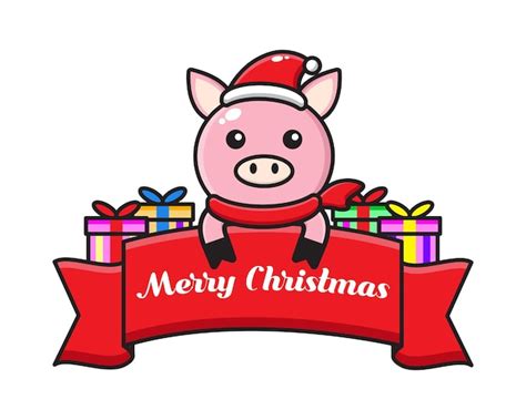 Premium Vector Cute Cartoon Pig With Christmas Greeting Ribbon