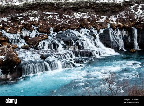 Hraunfossar Waterfalls Lava Falls Along The Hvita River In Iceland