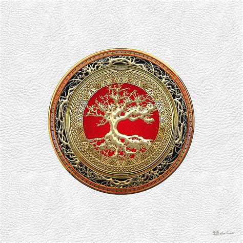 Celtic knot symbol, tree of life wall hanging art, authentic upcycled artwork from haiti, handmade from recycled barrels, 13.75 inches round. Gold Celtic Tree of Life on White Leather Digital Art by Serge Averbukh