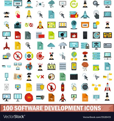 100 Software Development Icons Set Flat Style Vector Image
