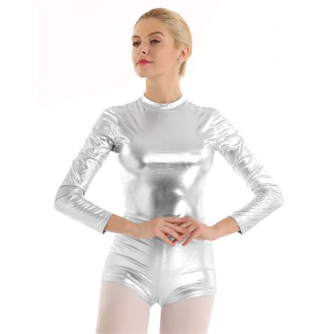 Women Dance Costume Shiny Metallic Bodysuit Biketard Jumpsuit Keyhole Catsuit Ebay