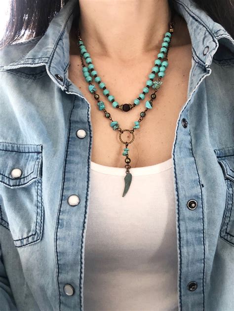 Boho Style Layered Necklace Turquoise Color Wood Beads Dyed Etsy