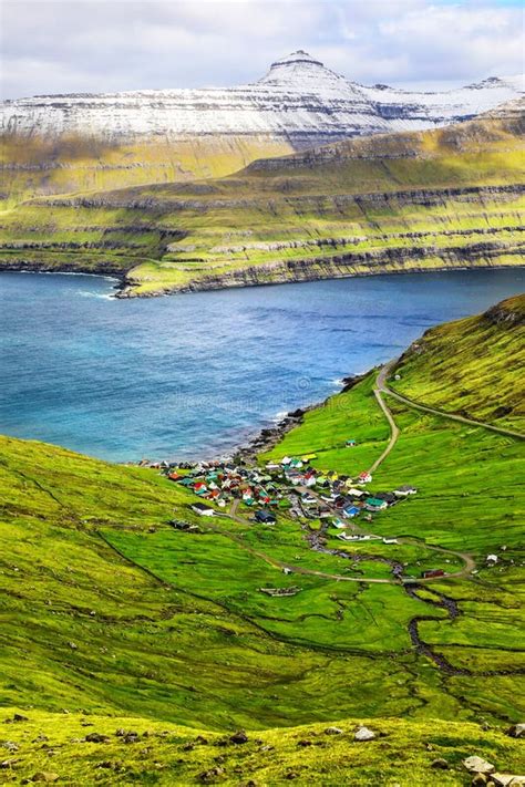 View Of Stunning Mountains And Sea Above Funningur Faroe Islands Stock