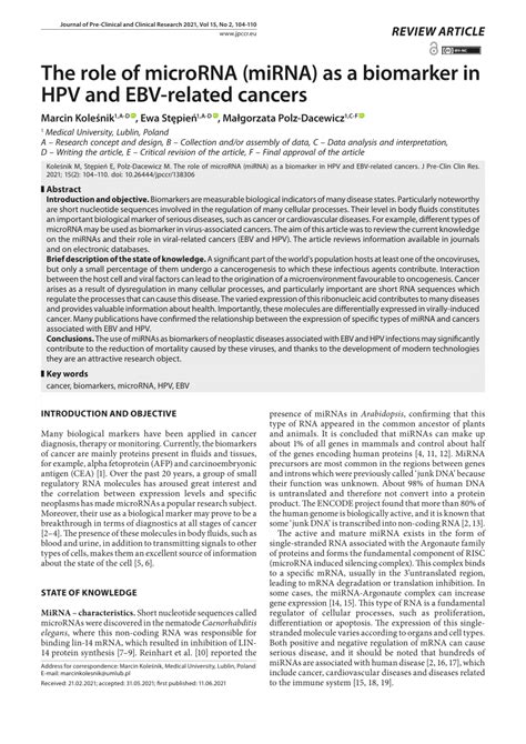 Pdf The Role Of Microrna Mirna As A Biomarker In Hpv And Ebv