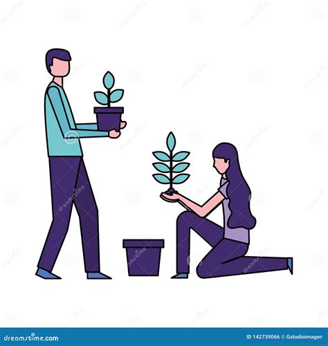 Man And Woman Holding Potted Plants Stock Vector Illustration Of