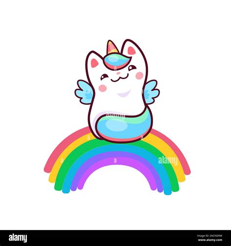 Cartoon Cute Kawaii Caticorn Character On Rainbow Vector White Unicorn