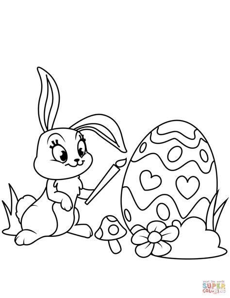 Cute Easter Bunny Painting Egg Coloring Page Free Printable Coloring