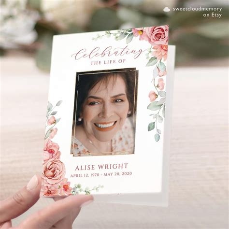Pink Floral Funeral Program Template Peach Flower Funeral Etsy
