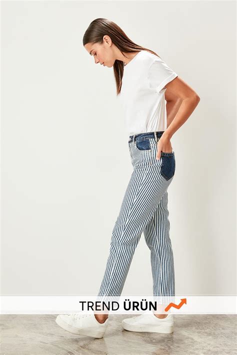 Trendyol Blue Striped High Waist Mom Jeans Twoss19ug0010 In Jeans From
