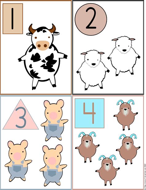 Animales De La Granja Formas Y Números 1 Al 4 Tarjetas De Aprendizaje