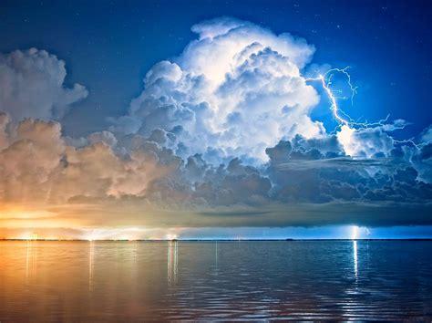 Lightning Clouds Storm Starry Night Cape Canaveral Florida Sea