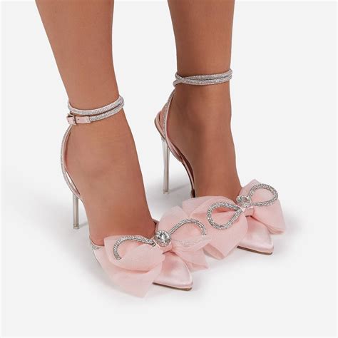 Bow Detail Diamante Lace Up Clear Perspex Heel In Pink Satin Etsy