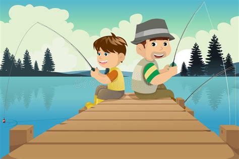 Pesca Do Pai E Do Filho No Barco Em Um Lago Ilustração Do Vetor