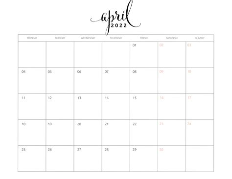 Monthly Planner April 2022 Printable Calendar Digital Calendar