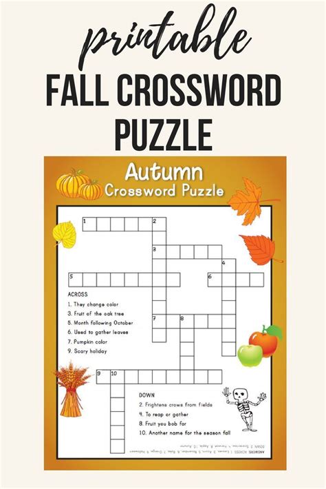 Fall Crossword Puzzle Printable Autumn Ela Reading