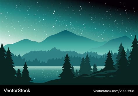 Mountains And Lake At Night Landscape Flat Vector Image
