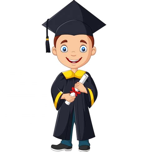 Niño De Dibujos Animados En Traje De Graduación Con Un Diploma Vector Premium