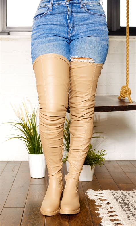 She S Killing It Surgical Thigh High Flat Stretch Boots Sand Final Sale Cutely Covered