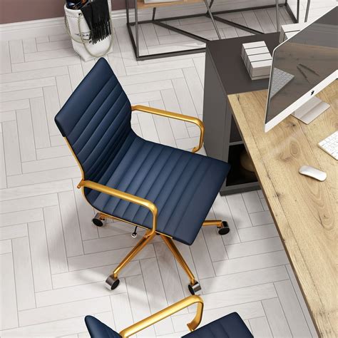 Luxmod® Mid Back Gold Office Chair In Blue Leather Adjustable Swivel