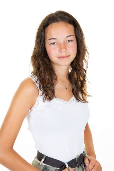 Beautiful Teen Girl In White Shirt Woman Over White Background Stock