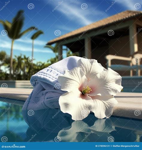Luxurious Tropical Pool With Floating Hibiscus Flowers Stock
