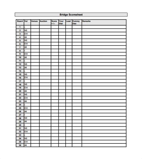 Printable Bridge Score Sheets