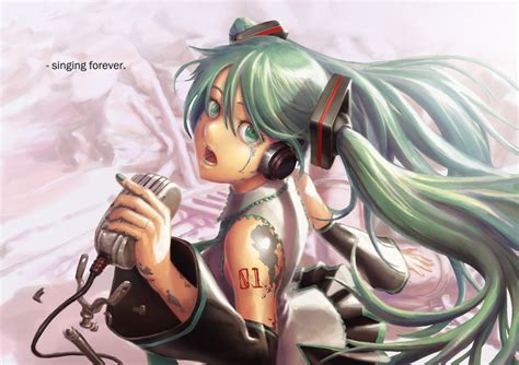 Dnlin Green Eyes Green Hair Hatsune Miku Headphones Microphone Twintails Vocaloid