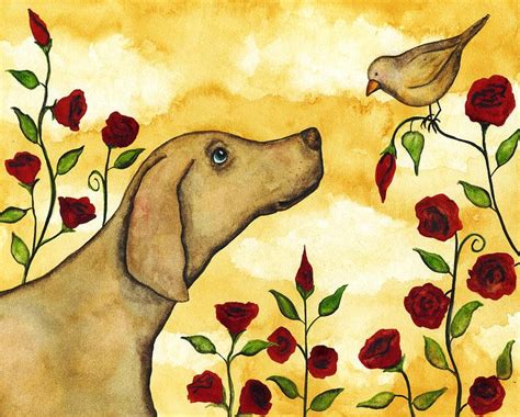 Bird Dog Pets Rose Floral Flower Whimsical Folk Debi Hubbs Art By Debi
