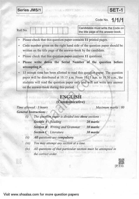 English Communicative 2018 2019 English Medium Class 10 111 Question Paper With Pdf Download