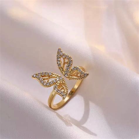 Butterfly Ring Adjustable Gold Cz Dainty Ring Etsy Gold Butterfly