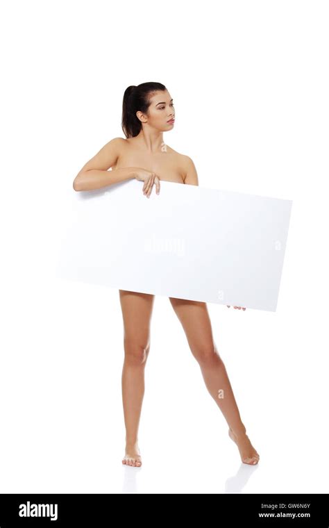 Sexy Naked Brunette Holding Empty Board Stock Photo Alamy