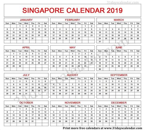 2019 Singapore Calendar Template Calendar Template Calendar Templates
