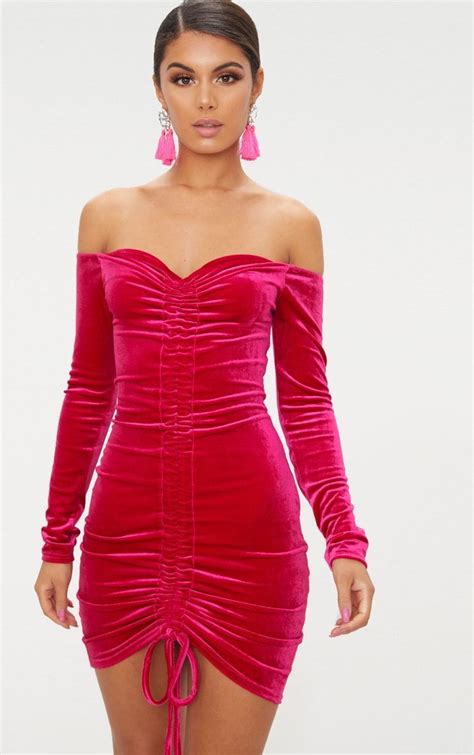 Pink Velvet Bardot Long Sleeve Ruched Bodycon Dress Bodycondresslongsleeve Bodycon Dress