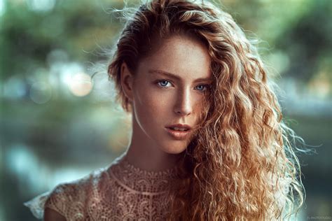 Wallpaper Women Redhead Blue Eyes Wavy Hair Face Bokeh Portrait