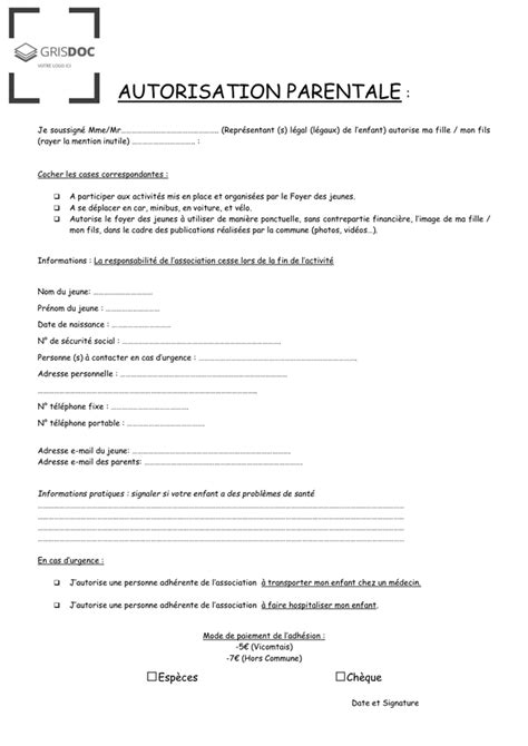 Modelé d autorisation parentale DOC PDF page sur