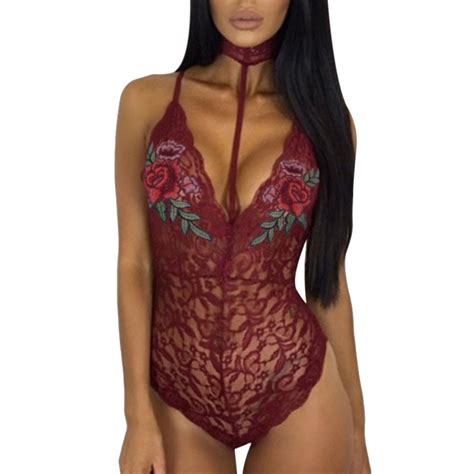 Deep V Neck Sexy Lace Bodysuits For Women 2018 Summer Embroidery Choker Jumpsuit Floral Romper