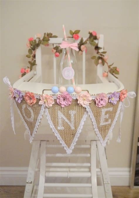 1st Birthday Vintage High Chair With One Bunting And Personalized Milk Bottle 1 Year Old