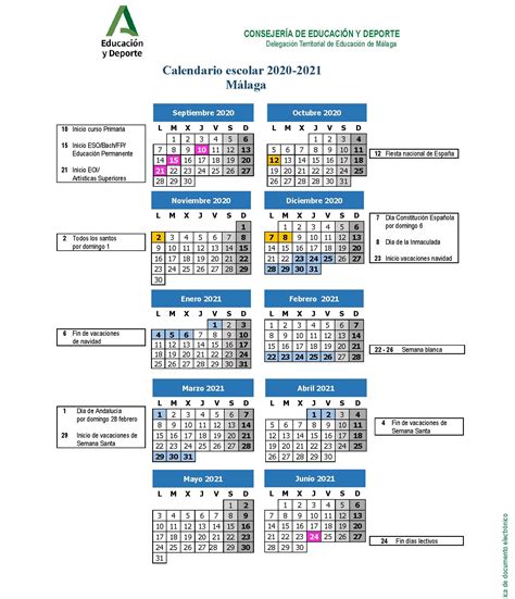 Calendario Escolar Curso 2020 2021 Educando En Málaga