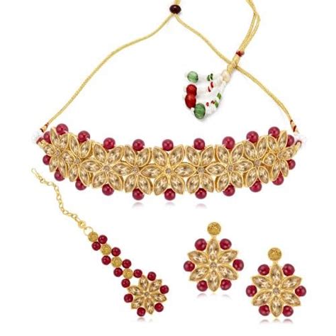 buy sukkhi bright maroon gold plated lct and pearl choker necklace set for women online at best