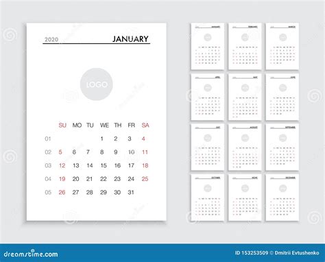 Calendar 2020 Template Planner Vector Diary In A Minimalist Style Stock